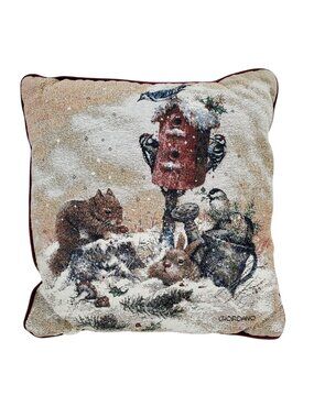 Vintage Riverdale Winter Wildlife Tapestry Throw Pillow 16"x16" Made In USA